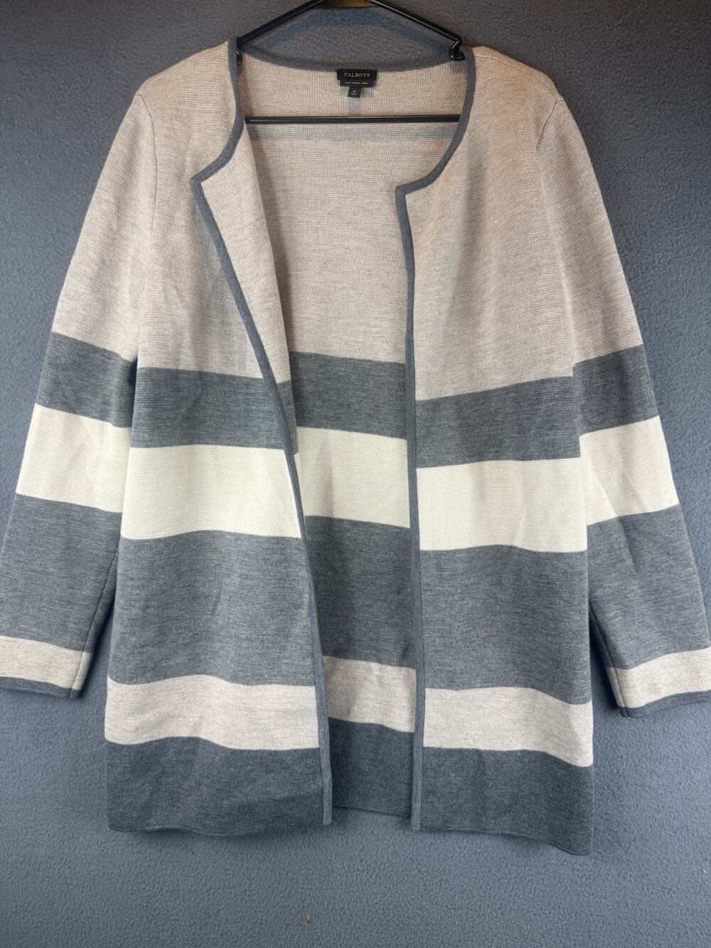Talbots 100% Pure Merino Wool Cardigan Open Long Sleeve Striped Size M